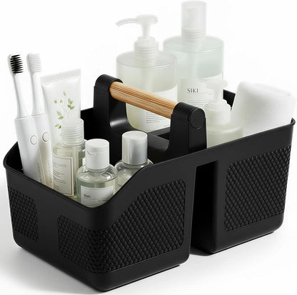 Plastic Shower Caddy Portable Shower Basket with Bamboo Handle, White | Cleaning Caddy Organizer Storage Tote for Bathroom, College Dorm Essentials, Bath Toy Storage