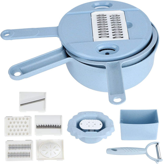 Food Shredder, Manual Vegetable Cutter Potato Grater Food Chopper with 4 Interchangeable Blades Storage Container Finger Guard Wheat Straw PP Kitchen Accessory for Home Meal Prep