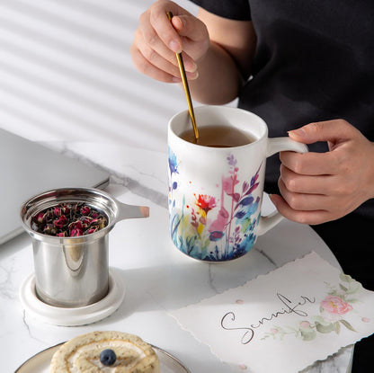 AmorArc Tea Cup With Infuser and Lid, 18oz Loose Leaf Tea Mug With Steeper | Porcelain Tea Mug With Infuser and Lid, Large Strainer Tea Cup with Lid for Tea, Coffee Mug for House-warming Birthday Gift
