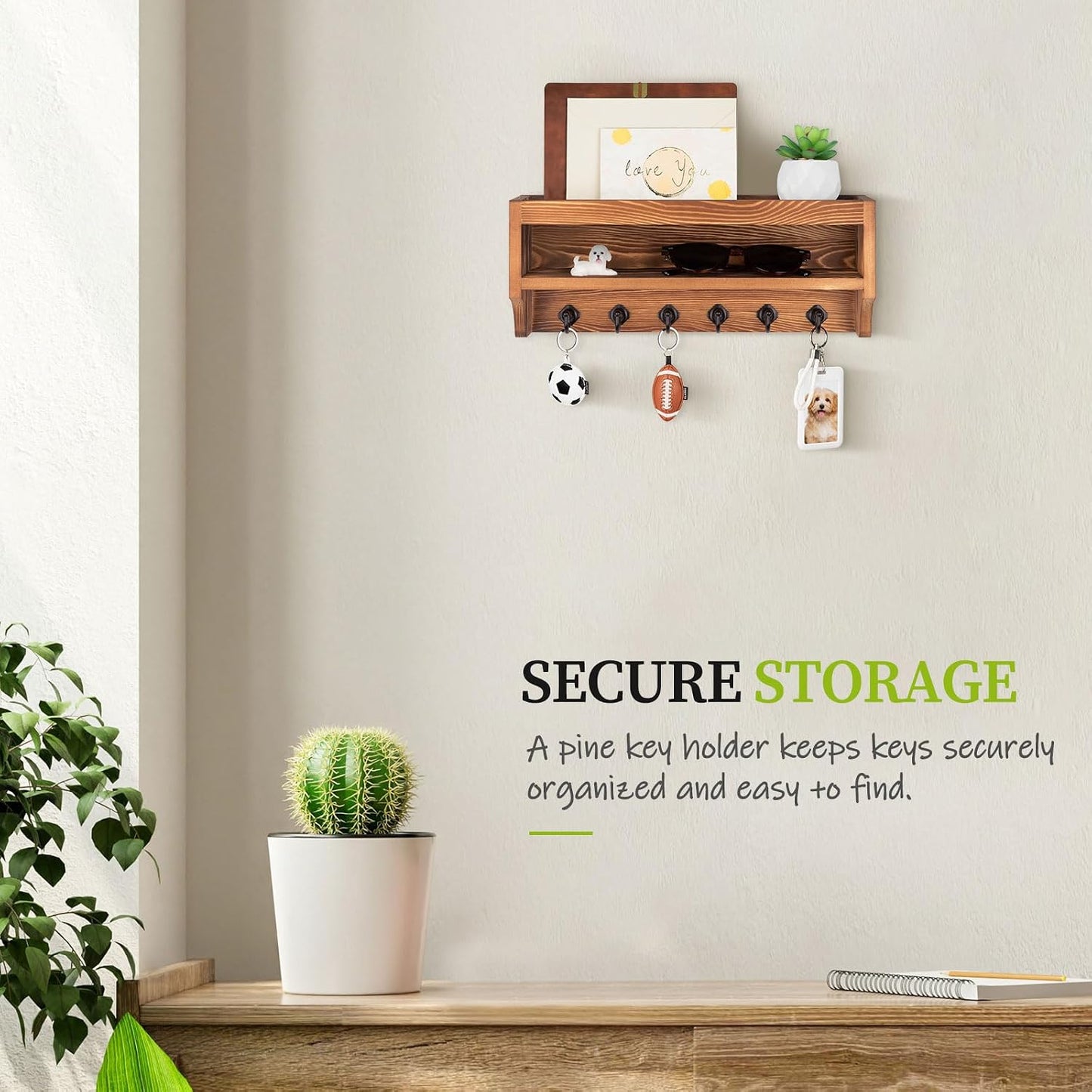 Nekon Key Holder Wall Mount, Pine Wooden Mail Organizer, White | 12.8"W x 5.6"H x 3.7"D Wall Mounted Key and Mail Organizer with 6 Key Hooks, Key Rack for Home Entryway Decor