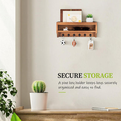 Nekon Key Holder Wall Mount, Pine Wooden Mail Organizer, White | 12.8"W x 5.6"H x 3.7"D Wall Mounted Key and Mail Organizer with 6 Key Hooks, Key Rack for Home Entryway Decor