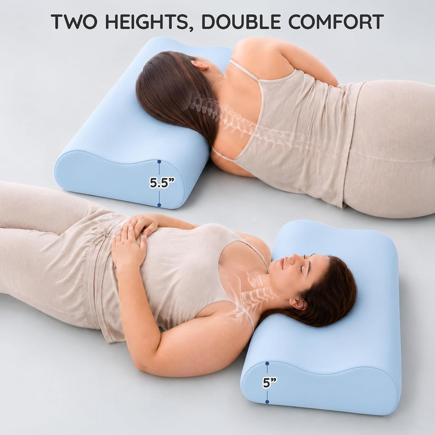 Contour Memory Foam Cervical Pillow for Neck Pain Relief, White | Orthopedic neck support | Standard size | side/back/stomach sleep | cervical alignment | two height choices | washable cover