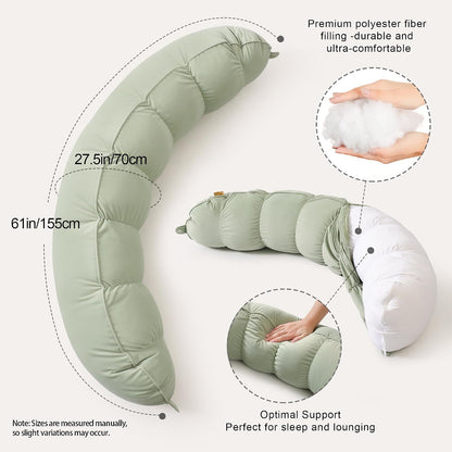 Peallow(Pat. Pend) – Long Round Body Pillow for Adults, Bolster Pillow for Sleeping, Soft and Supportive Pillow for Sleeping & Lumbar Support (Green-White, 29.5")