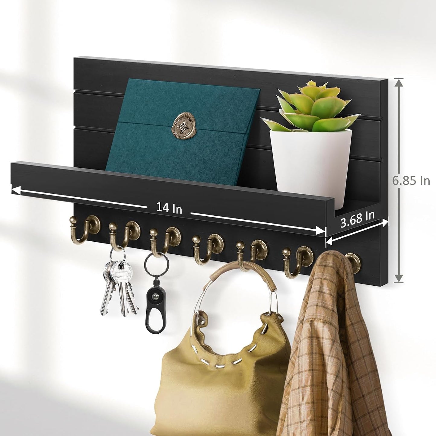 HONJIN Key Holder Wall Mount with Shelf and 5 Sturdy Key Hooks (White) | Key and Mail Holder Wall Mount, Wooden Entryway Organizer and Decorative, Easy Installation, 10*3.8*6.85 Inch