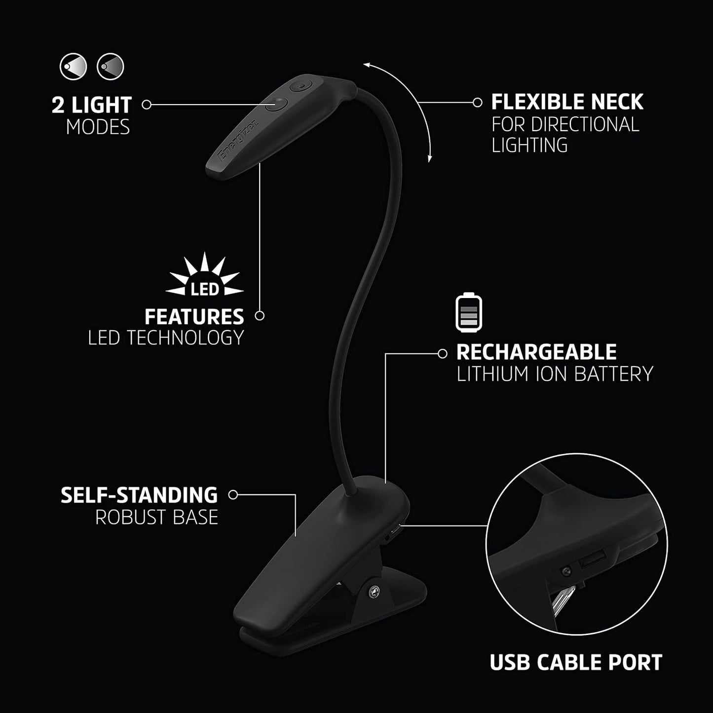 Energizer Rechargeable LED Book Light, Clip On Reading Light with Adjustable Light Modes, USB Charging Cable Included, Pack of 1, Black