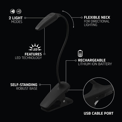 Energizer Rechargeable LED Book Light, Clip On Reading Light with Adjustable Light Modes, USB Charging Cable Included, Pack of 1, Black