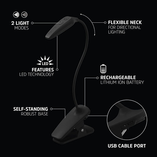 Energizer Rechargeable LED Book Light, Clip On Reading Light with Adjustable Light Modes, USB Charging Cable Included, Pack of 1, Black