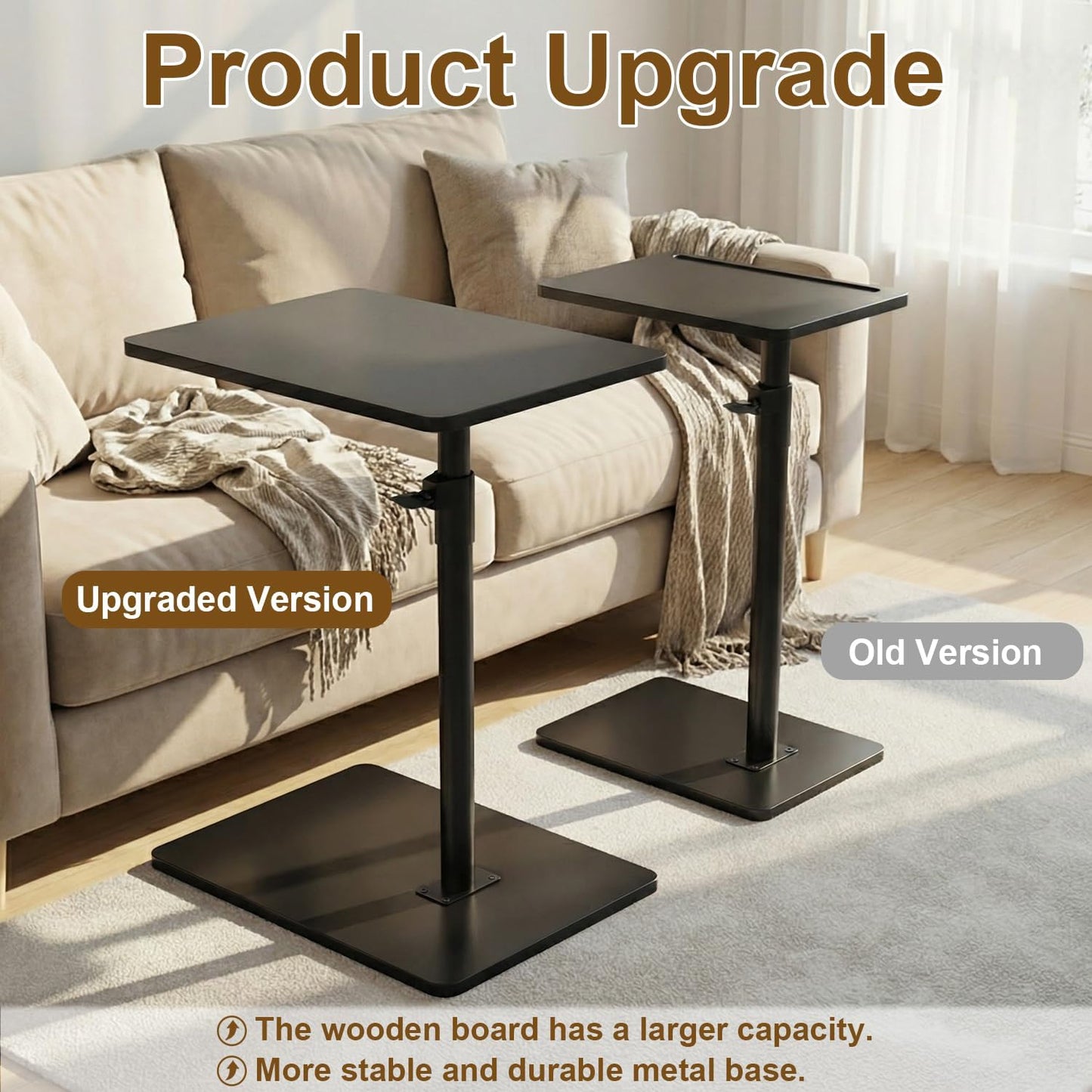 YUHFERA Sofa Armrest Tray Table for Couch - 360° Swivel Height Adjustable End for Small Spaces, Snack Side Table for Bed or Chair with Phone & Tablet Slot (Rustic,Standard)