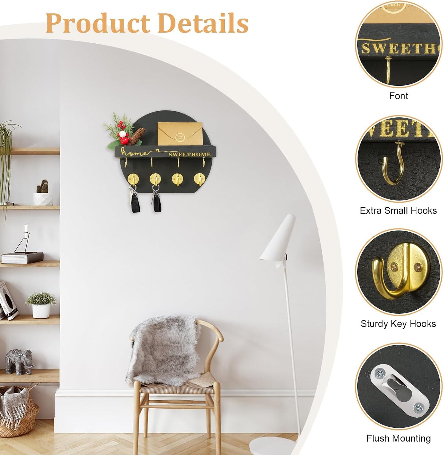 Key Holder for Wall, Key and Mail Holder Organizer - Key Holder Wall Mount with Bouquet Shelf and Key Hooks, Round Wooden Rustic Key Rack for Entryway and Home Decor (Black)