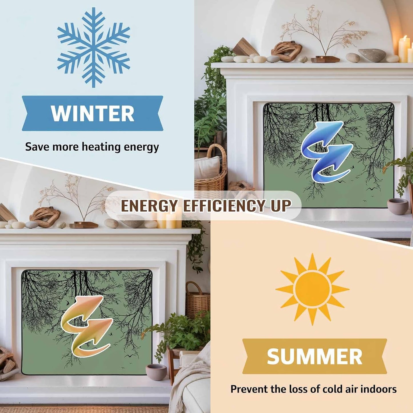 Magnetic Fireplace Cover Tree Branches Bird Fireplace Screen Decorative Brown Black Twigs Deadwood Insulation Fireplace Blocker Save Energy Fireplace Draft Stopper Covers for Living Room 45x34 Inch
