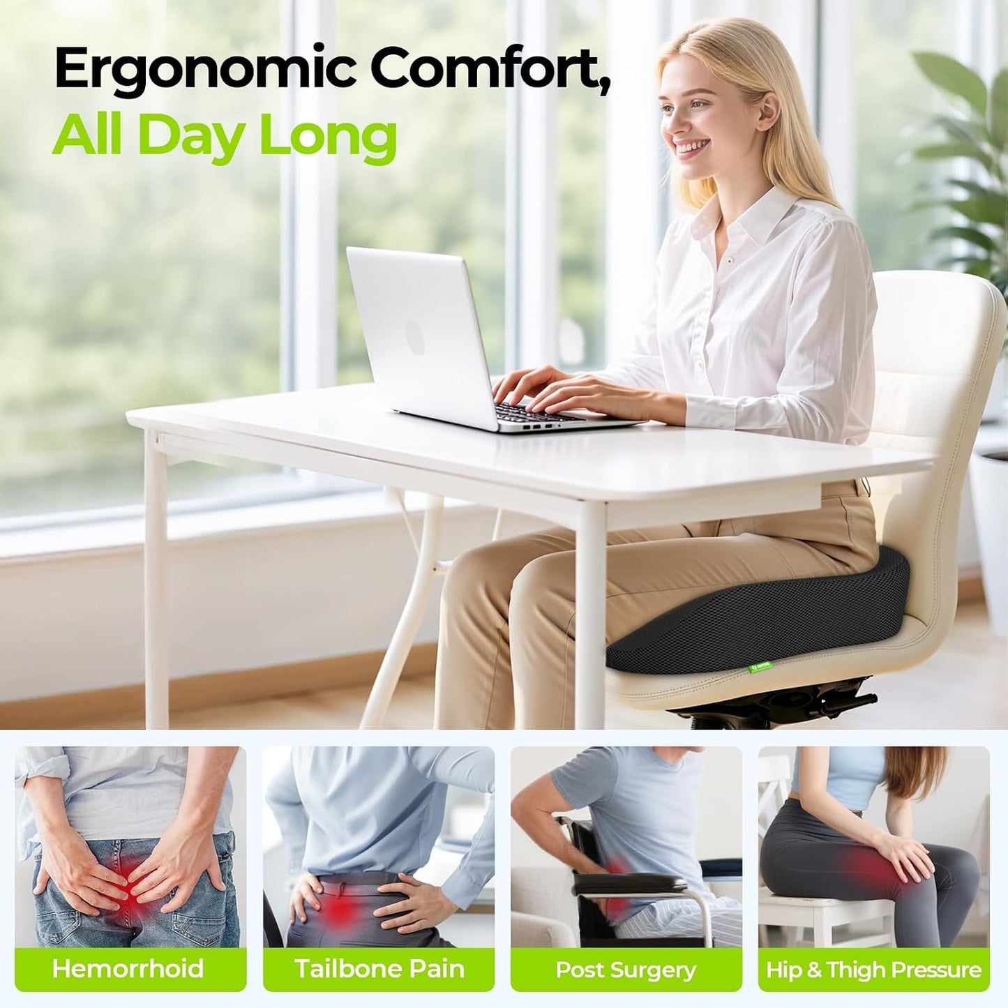 AUVON Ergonomic Donut Pillow Seat Cushion for Hemorrhoid & Back Pain Relief | Thick Memory Foam Chair Cushion with Firm Support for Tailbone, Sciatica, Pregnancy, Thigh Slope Design for Sitting Comfort