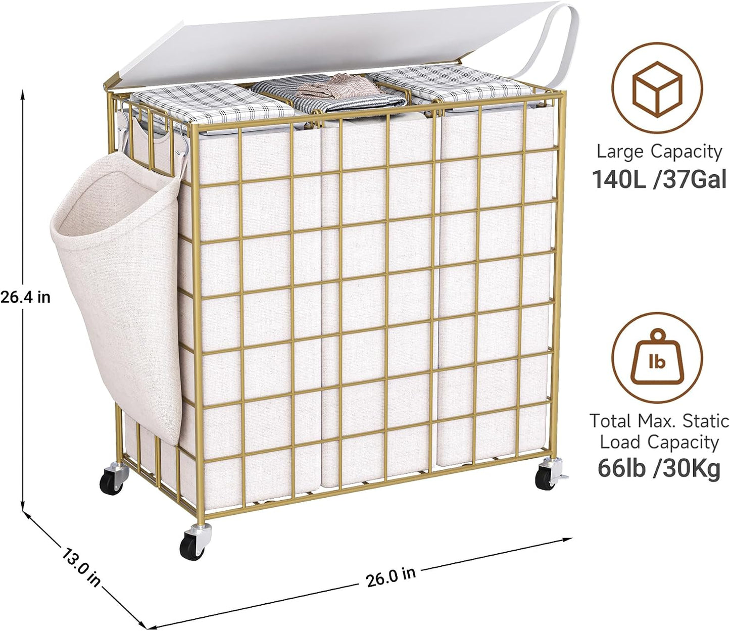 90L Laundry Basket with Wheels, Large Capacity Laundry Hamper with Removable Liner Bags, Heavy Duty Laundry Sorter with Solid Wood Lid & Leather Handles, Grey