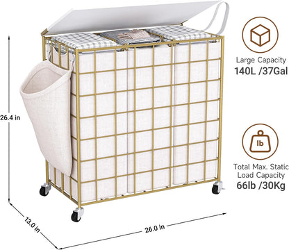 90L Laundry Basket with Wheels, Large Capacity Laundry Hamper with Removable Liner Bags, Heavy Duty Laundry Sorter with Solid Wood Lid & Leather Handles, Grey
