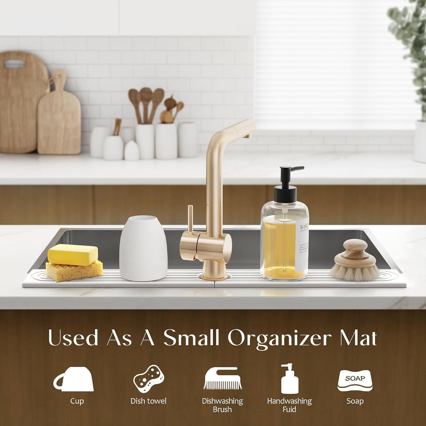 Stone Faucet Mat for Kitchen Sink – Diatomite Drying Stone Mat & Sink Protector, Prevents Moisture – Sink Splash Guard Water-Absorbing Stone Tray for Bathroom Counter (Light Grey, 20" x 3.9")