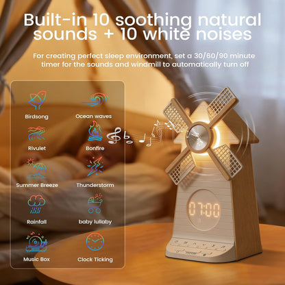 Sunrise Alarm Clock Rotating Windmill, White Noise Sleep Aid Gift | 20 Soothing Sounds, Easy Snooze Wake Up Light, 4-Level Dimmer Bedside Night Light, 30/60/90min Timer, Bedroom for Adults/Kids