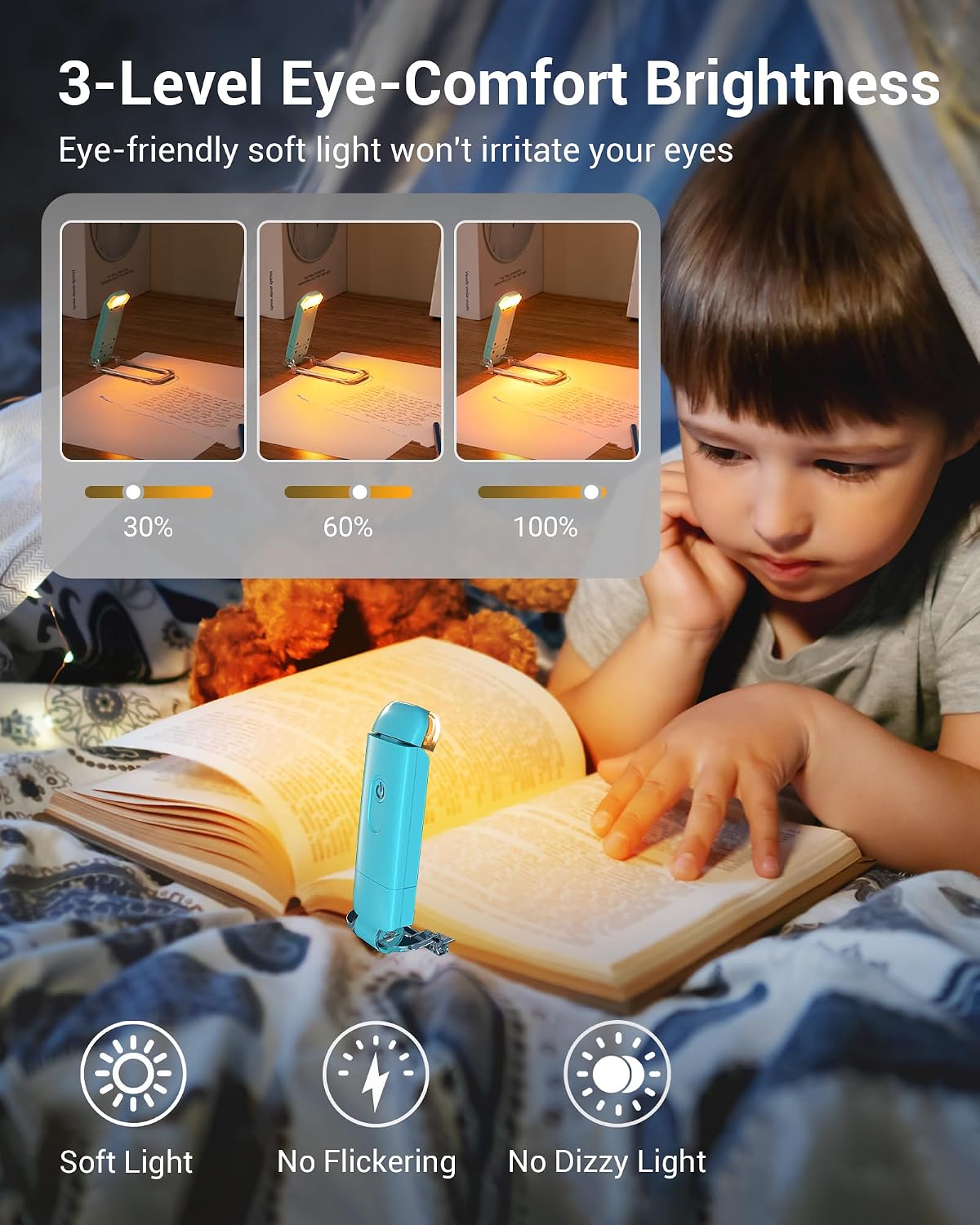 DEWENWILS Book Light, Amber Warm Clip On LED with 3 Adjustable Brightness for Eye Protection, Rechargeable USB Long Lasting Reading Light, Gifts for Bookworms, Kids (Black)