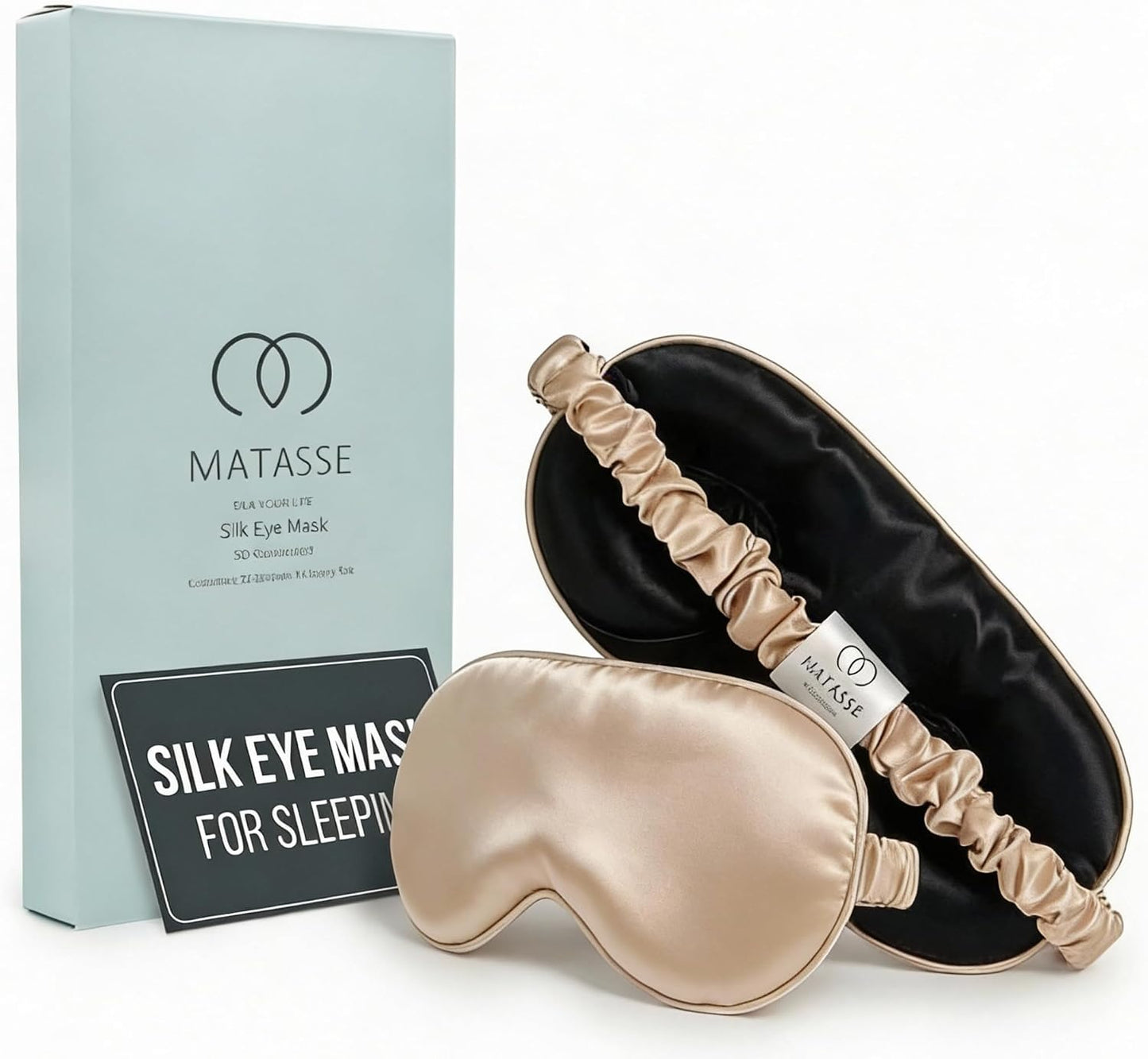 MATASSE 100% Mulberry Silk Sleep Mask 22 Momme Grade 6A - 3D Contoured Eye Mask for Sleeping, 14mm Deep Eye Cups, Total Blackout Blindfold for Women Men, Adjustable Strap, Side Sleeper (Champagne)