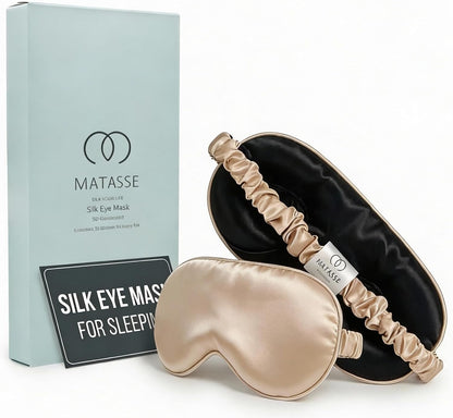 MATASSE 100% Mulberry Silk Sleep Mask 22 Momme Grade 6A - 3D Contoured Eye Mask for Sleeping, 14mm Deep Eye Cups, Total Blackout Blindfold for Women Men, Adjustable Strap, Side Sleeper (Champagne)