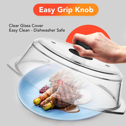 10.5-Inch Glass Microwave Splatter Cover – Borosilicate Glass Food Plate Splatter Guard with Vent Hole, BPA-Free, Easy-Grip Silicone Knob, Dishwasher Safe (1, Black, 10.5in)