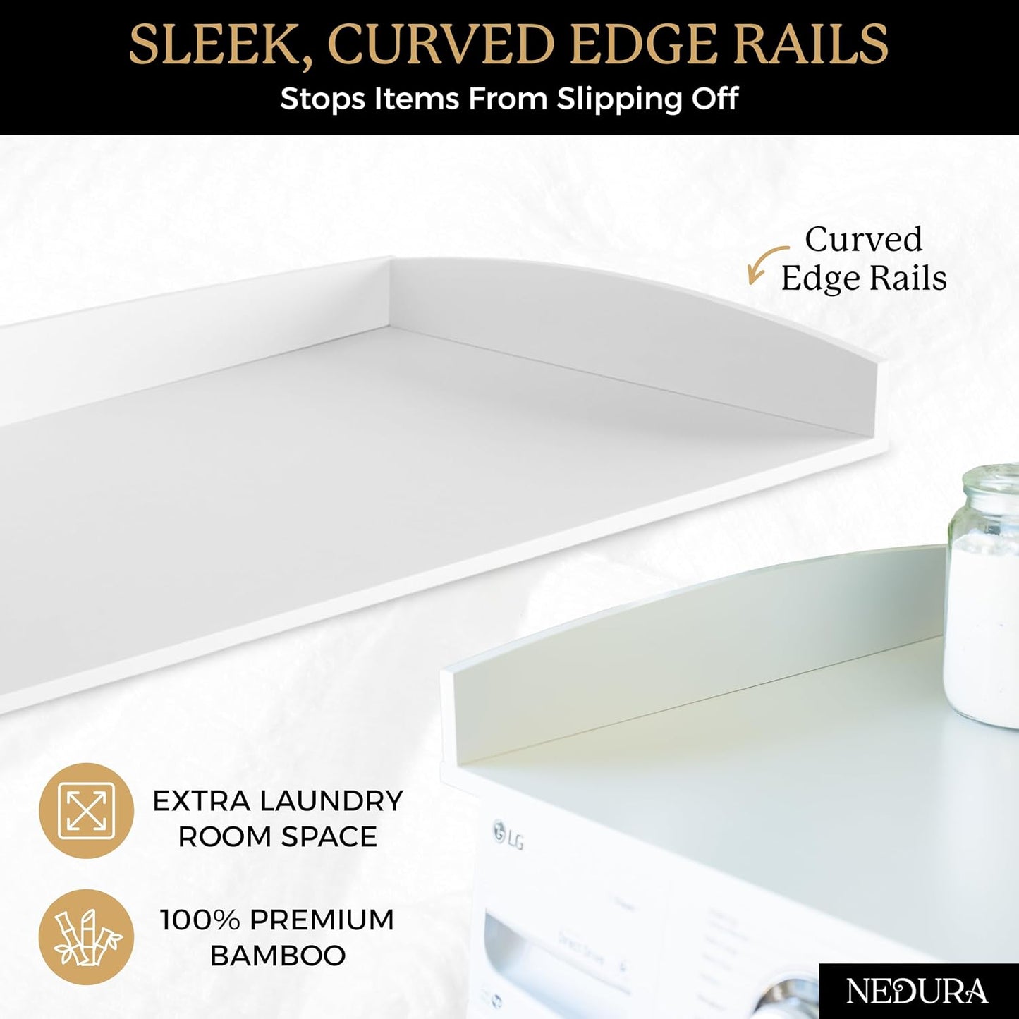 Nedura Washer Dryer Countertop with Anti-Vibration Pads, Curved Edge Rails, Premium Bamboo Laundry Countertop, Washer Dryer Topper, Laundry Room Organization, Laundry Room Accessory – Dark Walnut