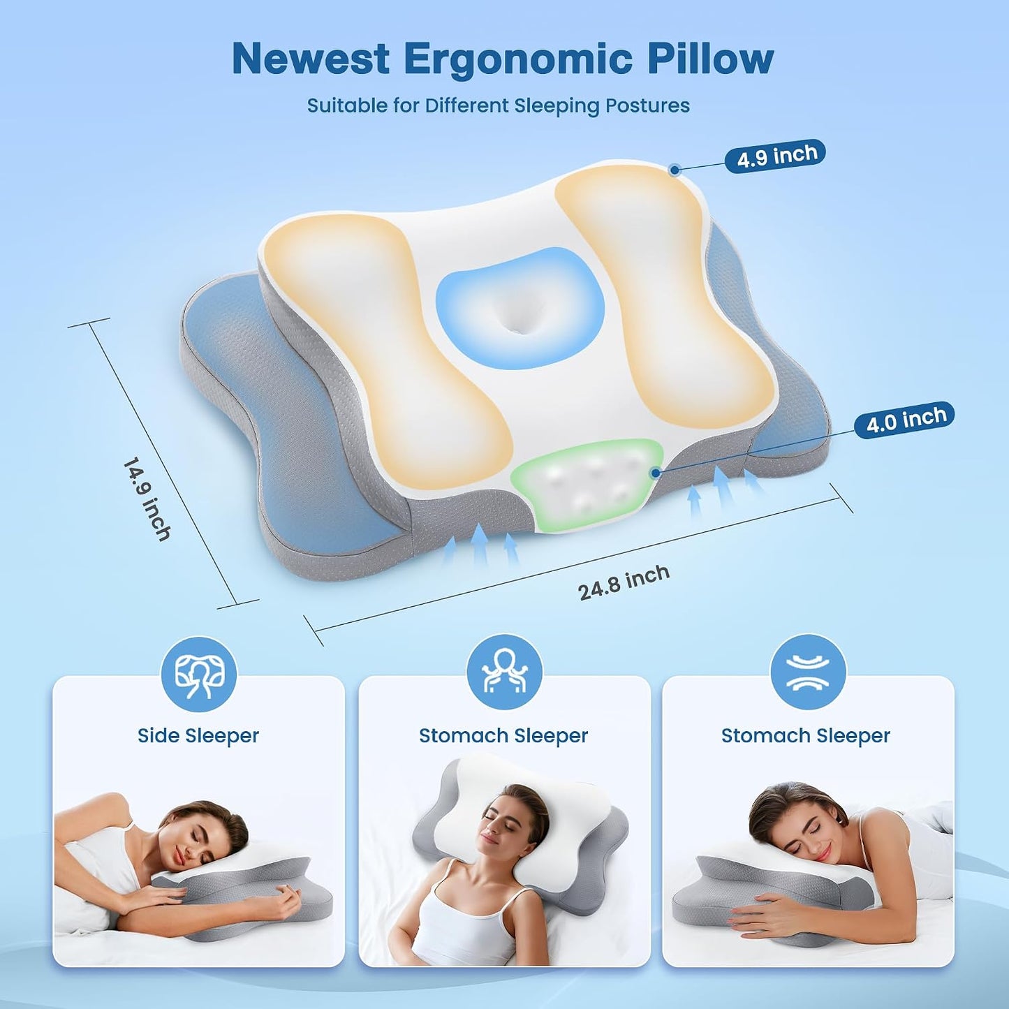 Cervical Pillow for Neck Pain Relief, Cooling Contour Memory Foam Pillows Support Odorless Ergonomic Neck Pillow Adjustable Orthopedic Bed Pillow for Side Back Stomach Sleeper with Pillowcase,Snow
