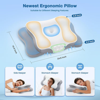 Cervical Pillow for Neck Pain Relief, Cooling Contour Memory Foam Pillows Support Odorless Ergonomic Neck Pillow Adjustable Orthopedic Bed Pillow for Side Back Stomach Sleeper with Pillowcase,Snow