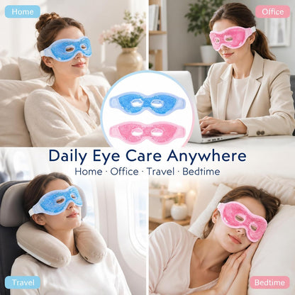 Gel Eye Mask, Reusable Hot & Cold Cooling Eye Mask, Cold Compress for Puffy Eyes, Eye Cooling Gel Beads Sleeping Mask, Adjustable Plush Strap — Stays Cool 30 Mins - 2 Pack