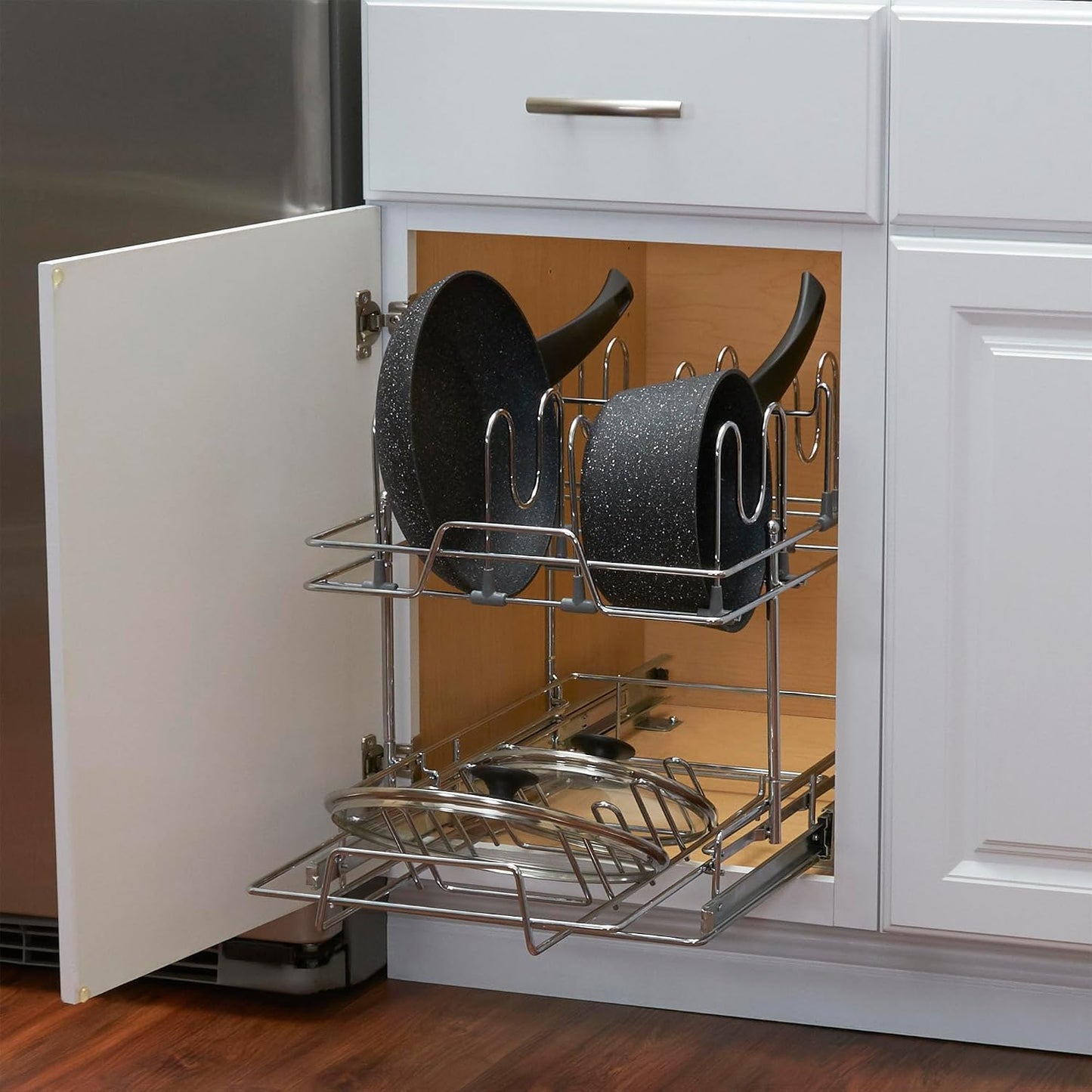 Household Essentials Glidez Multipurpose Chrome-Plated Steel Pull-Out/Slide-Out Storage Organizer for Cookware and Bakeware - 2-Tier Design - Fits Standard Size Cabinet or Shelf, Chrome