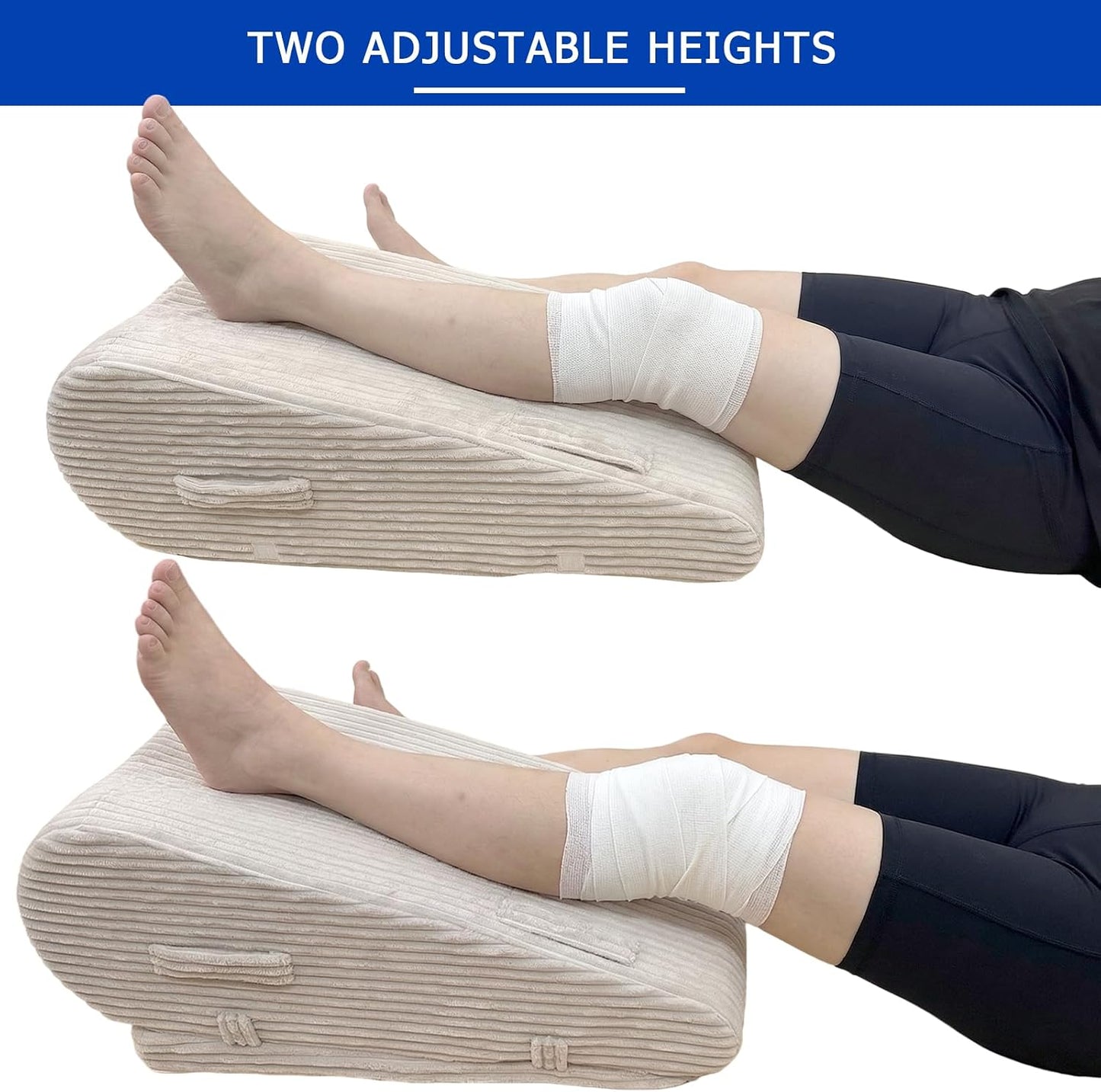 Adjustable Height Leg Elevation Pillow for After Surgery | Leg Wedge Pillow with High-density Foam & Beige Corduroy Cover, Single Knee Elevation Pillow for Swelling Relief & Sleep