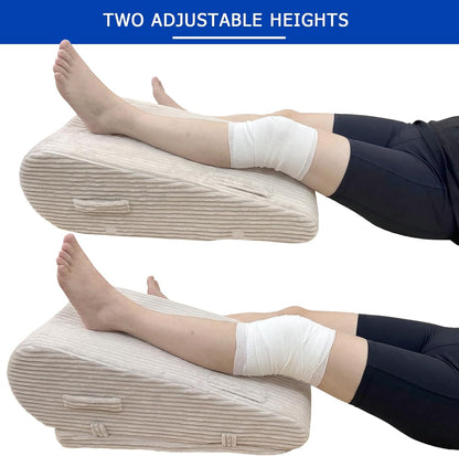 Adjustable Height Leg Elevation Pillow for After Surgery | Leg Wedge Pillow with High-density Foam & Beige Corduroy Cover, Single Knee Elevation Pillow for Swelling Relief & Sleep