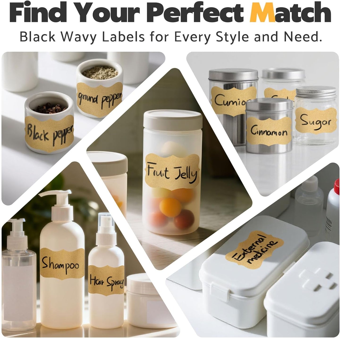 JIEHENG 180Pcs Labels for Jars,Black Wavy Stickers with 1 Chalk Markers | Black,Shape of Wavy,Reusable,Removable Labels for Storage Bins