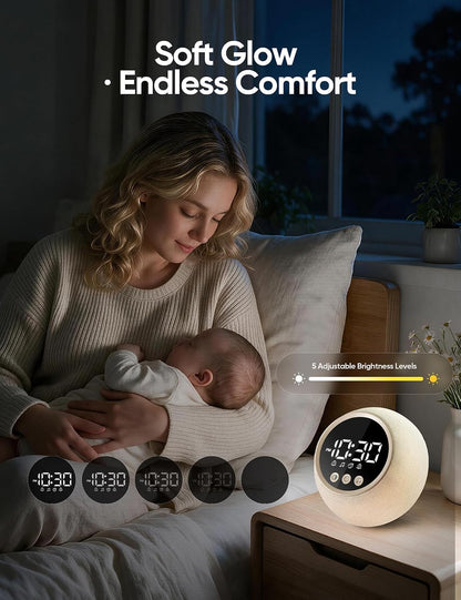 Wake Up Light Sunrise Alarm Clock with Sound Machine, 12-Color Night Light | ERZERT Digital Dual Alarm Clock for Bedrooms with White Noise Machine 30 Sounds, Snooze, Easy-Set for Baby Kids Adult