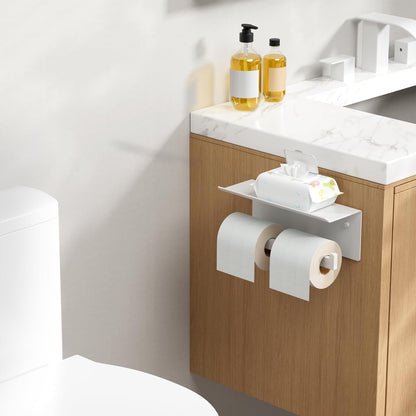 FORIOUS Toilet Paper Holder with Shelf, Commercial Toilet Paper Dispenser | Brushed Nickel | SUS304 Stainless Steel Wall Mount Double Bathroom Tissue Roll Holder for Hotel, Apartments, etc