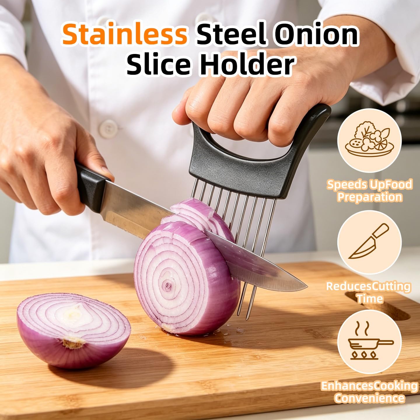 Premium Stainless Steel Onion Slicer, Onion Holder for Slicing, Vegetable Cutter Chopper, Fruit Tomato Slicer, Kitchen Gadgets