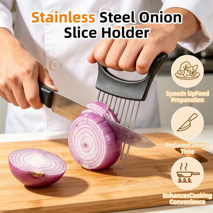 Premium Stainless Steel Onion Slicer, Onion Holder for Slicing, Vegetable Cutter Chopper, Fruit Tomato Slicer, Kitchen Gadgets