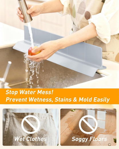 Sink Splash Guard 18" 23" 30" Silicone Water Guard with Strong Suction Cups, Faucet & Countertop Protector, Bathroom & Sink Edge Splash Guard Strip, Dishwasher Safe-Grey 18"