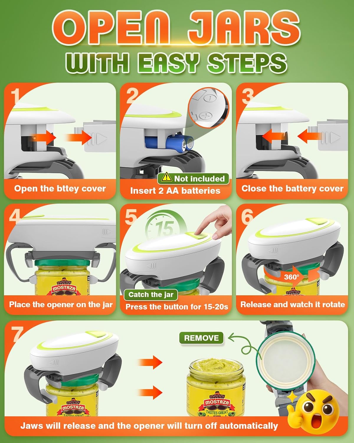 Electric Jar Opener One Button High Torque, Hands-Free Jar Opener for Weak Hands & Seniors, Battery Operated Jar Opener Kitchen Tool Fits Most Jar Sizes White+Green