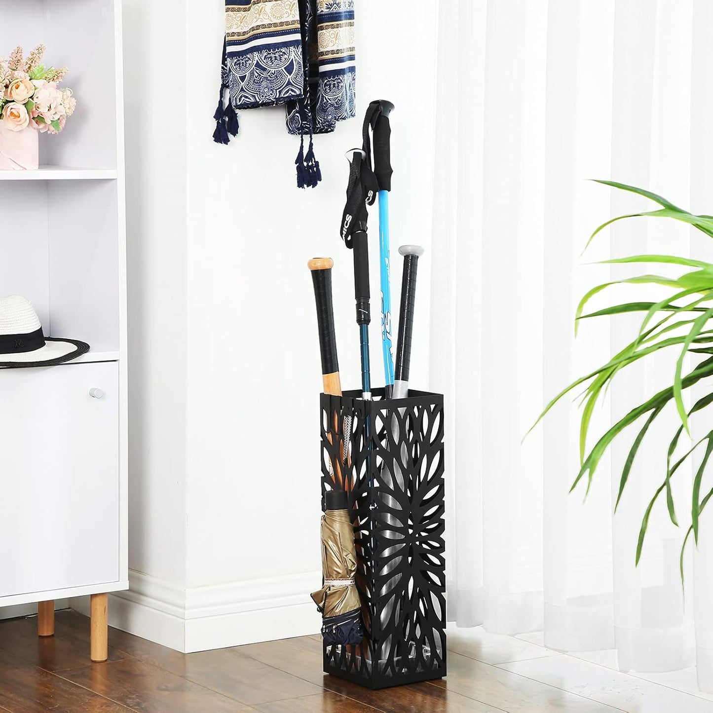 SONGMICS Umbrella Stand, Umbrella Holder for Entryway, Steel Square Umbrella Rack Organizer Freestanding, for Canes Walking Sticks, with a Detachable Drip Tray, 4 Hooks, Black ULUC026B33