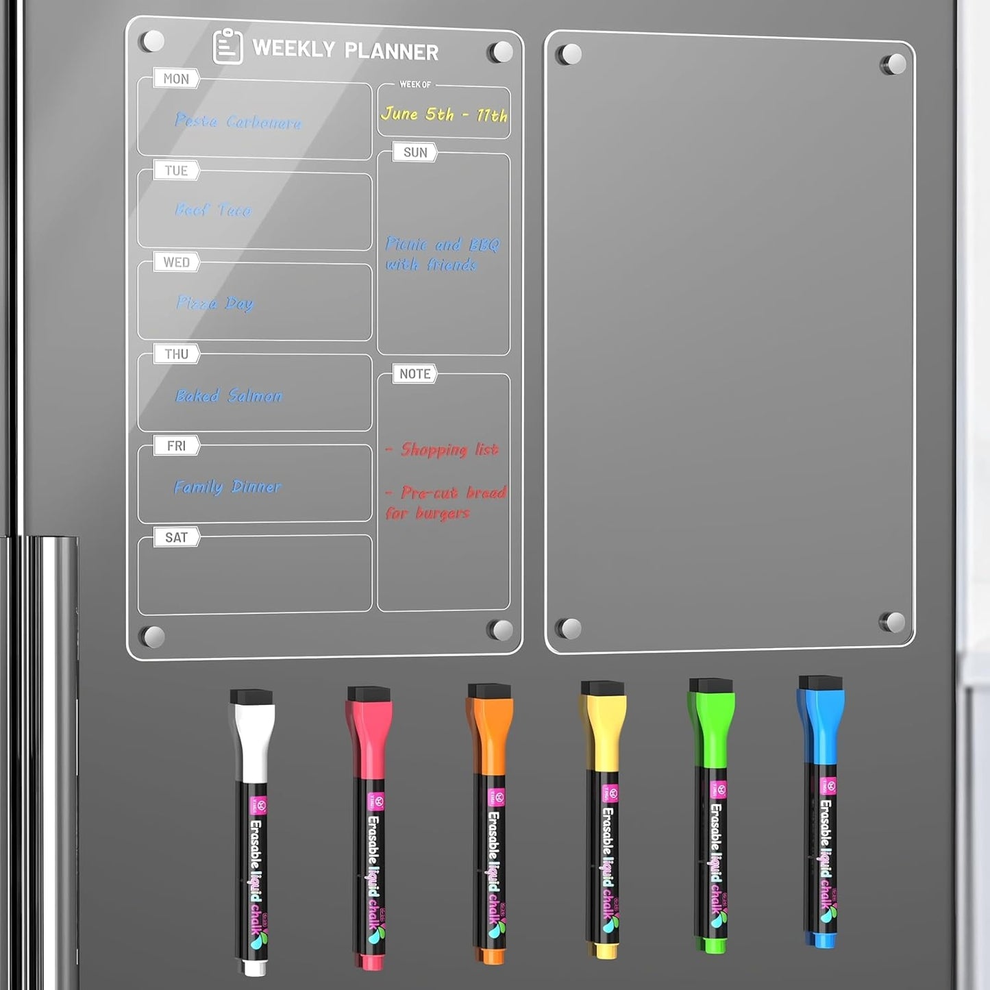 Magnetic Meal Planner for Fridge | Acrylic Weekly Planner with Chalk Marker for to-Do List, Shopping List, Menu List (8 x 12)