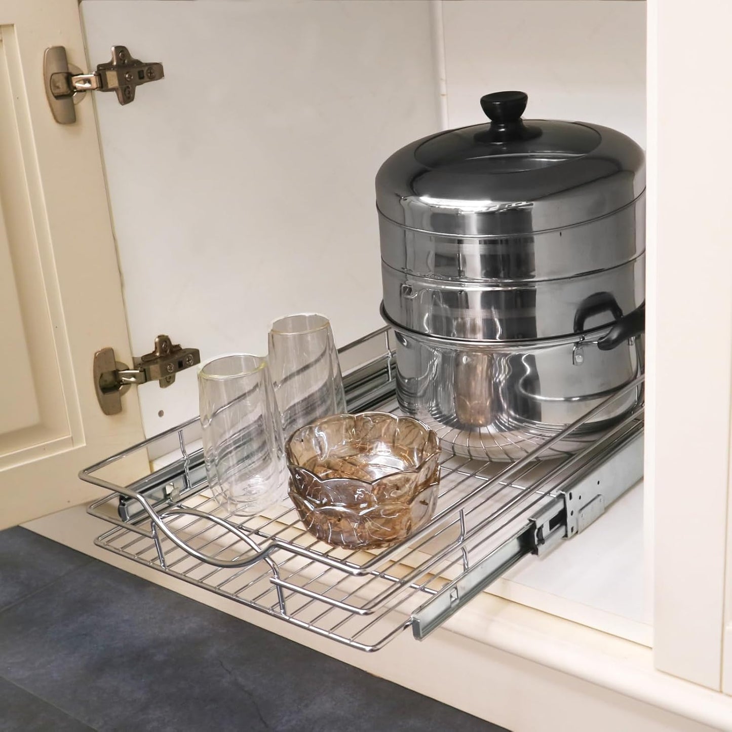 Sikarou Pull Out Cabinet Organizer, Heavy Duty Kitchen Cabinet Pull Out Shelves, Slide Out Wire Basket for Kitchen Cabinets, Bathroom, Pantry, Chrome Finish (11 * 17 in)