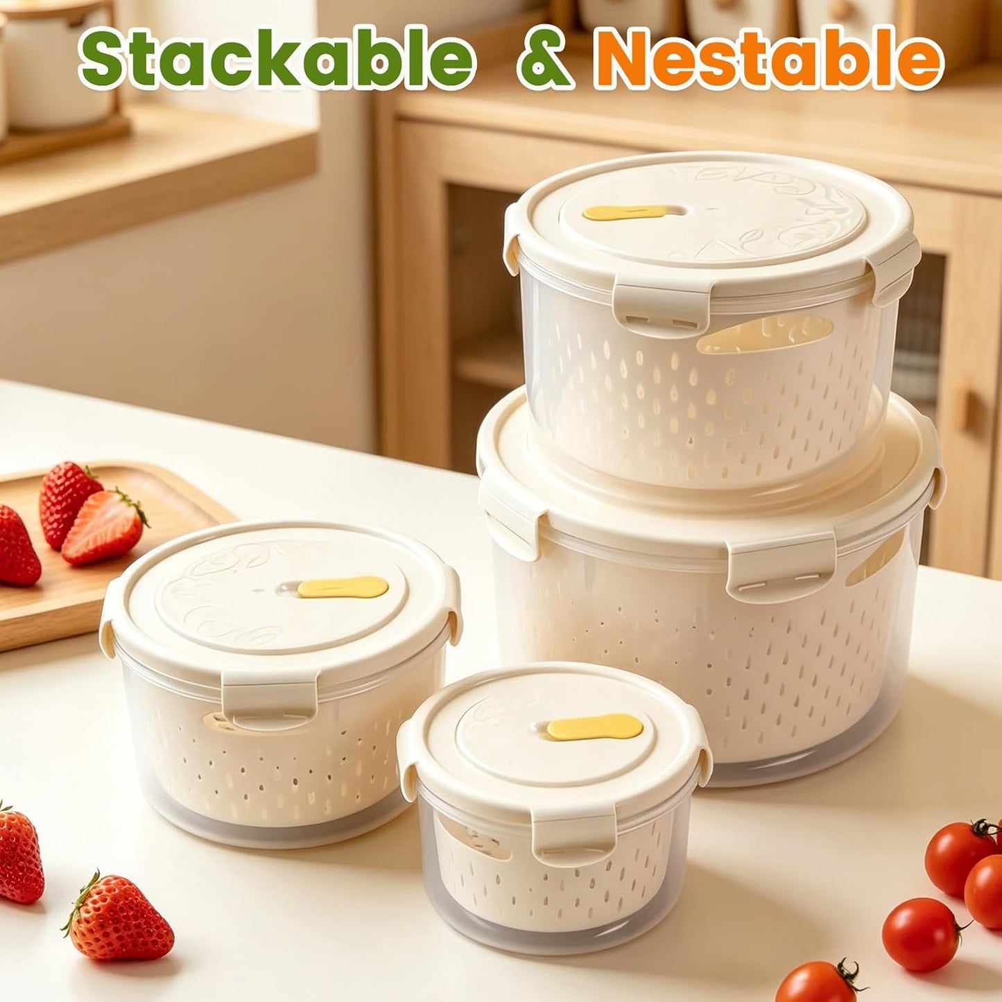 TBMax Fruit Storage Containers for Fridge Organizers and Storage, 4 Pack Large Produce Saver with Airtight Lid & Colander for Berry Lettuce Salad Vegetable Storage, Refrigerator Organizers