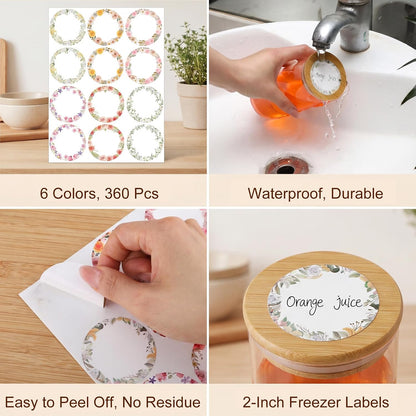 360 Pcs Canning Jar Labels, 2 Inch Round Removable Stickers, 6 Colors | Writable Labels, Easy Peel, No Residue, For Jars, Bottles, Pantry, Meal Prep, Gift Wrap And Party Favors