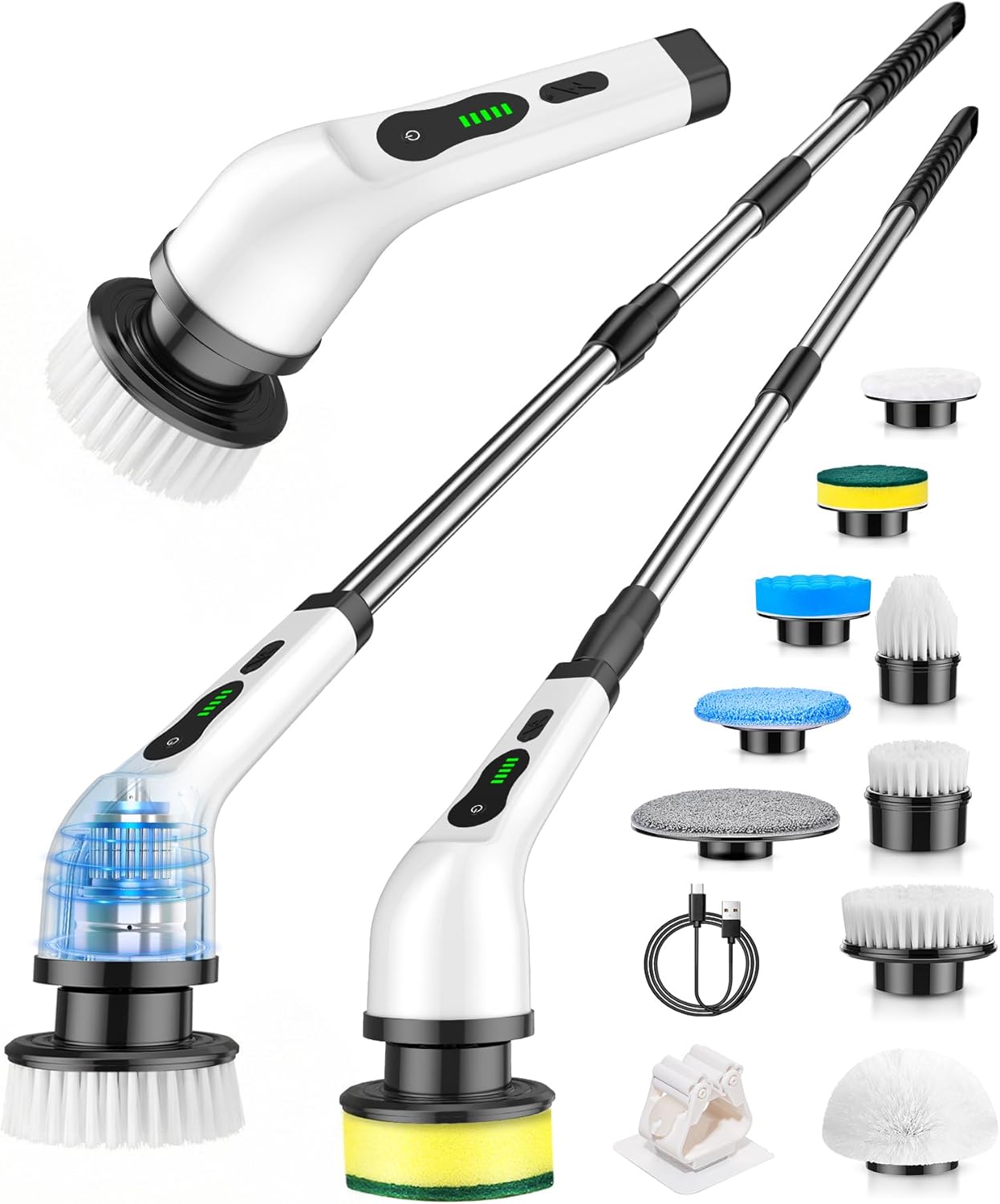 Cordless Electric Spin Scrubber, 8-in-1 Bathroom Cleaner | Bathroom scrubber, LED display, dual speeds, IPX7 waterproof, interchangeable heads for grout, tub, shower, wet-dry vacuum