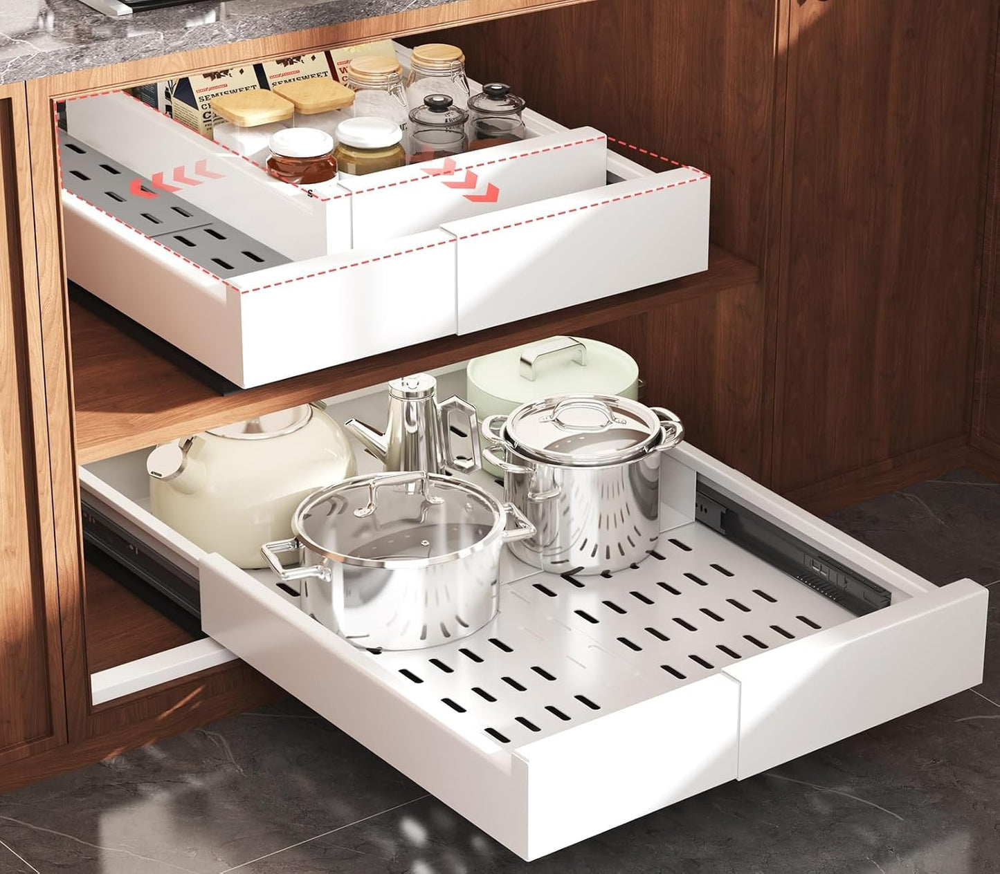 Seinloes Pull Out Cabinet Organizer,4-Side Expandable to Maximize Cabinet Space,Slide Out Drawers with 3 Rail Design,Roll Out Shelf with Raising Pad for Framed Cabinet,13"-21"W x 17"-24"D,White,2 Pack
