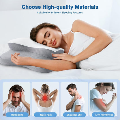Cervical Pillow for Neck Pain Relief, Cooling Contour Memory Foam Pillows Support Odorless Ergonomic Neck Pillow Adjustable Orthopedic Bed Pillow for Side Back Stomach Sleeper with Pillowcase,Snow