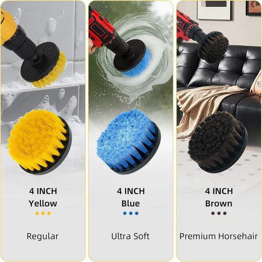 9 Pcs Drill Brush Attachments Set Fluffy Soft and Hard Bristles Horsehair Brush Cleaning Kit for Home Bathroom Car Kitchen Corners Sink Stubborn Stains Tiles