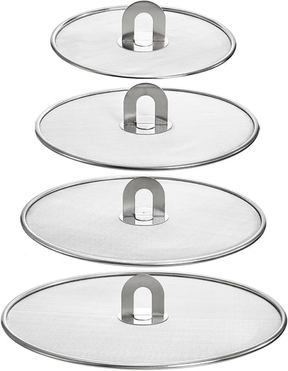 4-Pack Splatter Screen for Cooking - Stainless Steel Grease Splatter Guard for Frying Pan, No Cooking Oil Mess No Burns, Ultra Fine Mesh Lids (8",10", 11.5", 13")