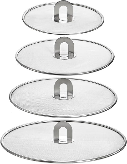4-Pack Splatter Screen for Cooking - Stainless Steel Grease Splatter Guard for Frying Pan, No Cooking Oil Mess No Burns, Ultra Fine Mesh Lids (8",10", 11.5", 13")