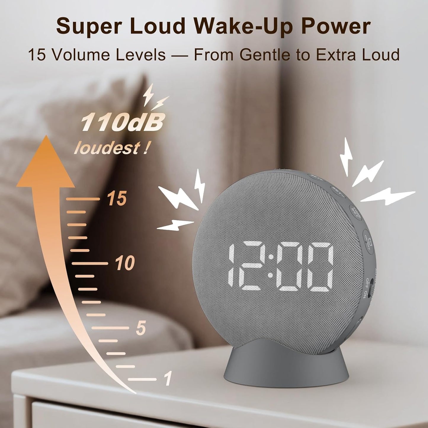 SolaceRise Extra Loud Alarm Clock Vibrating Bed Shaker for Heavy Sleepers | Auto-Dim Digital Clock for Hearing Impaired Deaf - Portable Rechargeable Battery for Bedroom Travel Dorm - Putty