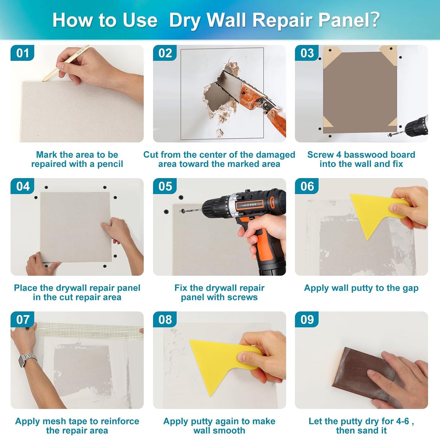 Drywall Repair Kit with 12"x12" Dry Wall Repair Panel, 33-in-One Drywall Patch Kit Wall Patch Repair Kit with Spackle, Mesh Tape, Putty Knives & Sanding Block for Wall Surface Ceiling Large Hole Fill